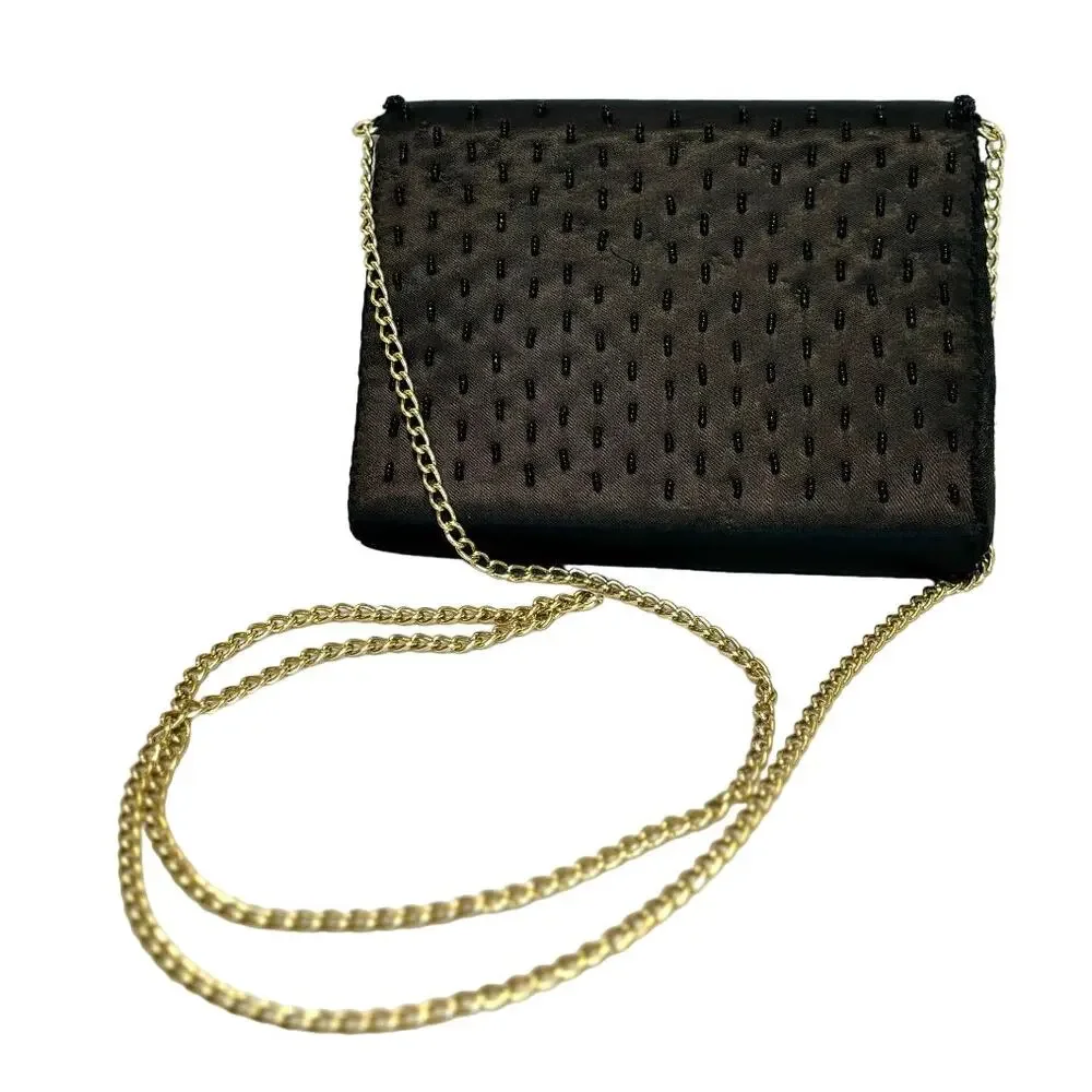 VTG La Regale Evening Purse Crossbody Handbag Black Satin Beaded Metallic